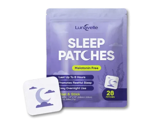 One pouch of Lunavelle Sleep Patches with a peel-and-stick patch