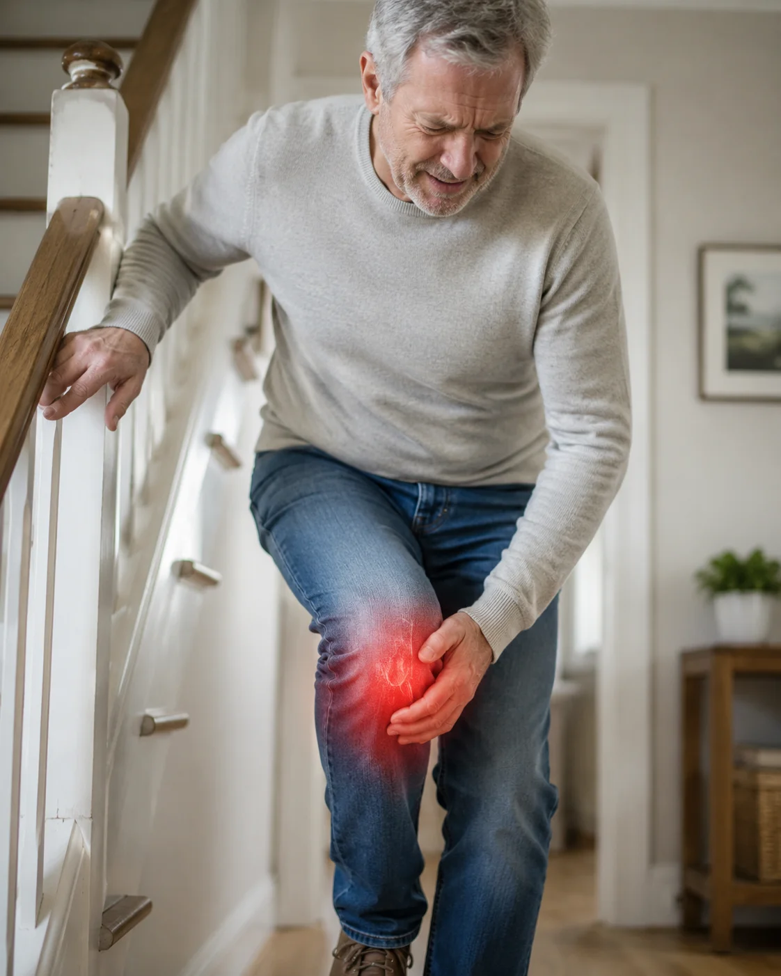 Man experiencing knee pain while using the stairs